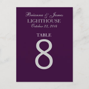 Eggplant Purple Silver Wedding Table Number 8 Card