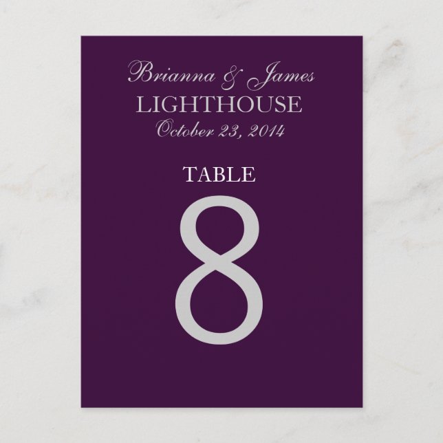 Eggplant Purple Silver Wedding Table Number 8 Card (Front)