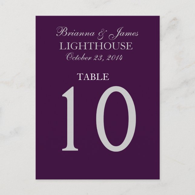 Eggplant Purple & Silver Wedding Table Number Card (Front)