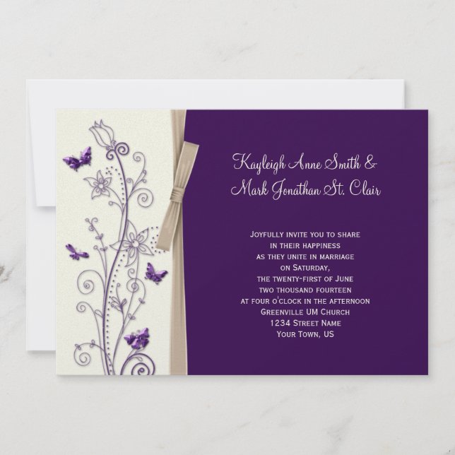 Eggplant Purple Tan Ivory Floral Butterflies Invitation (Front)