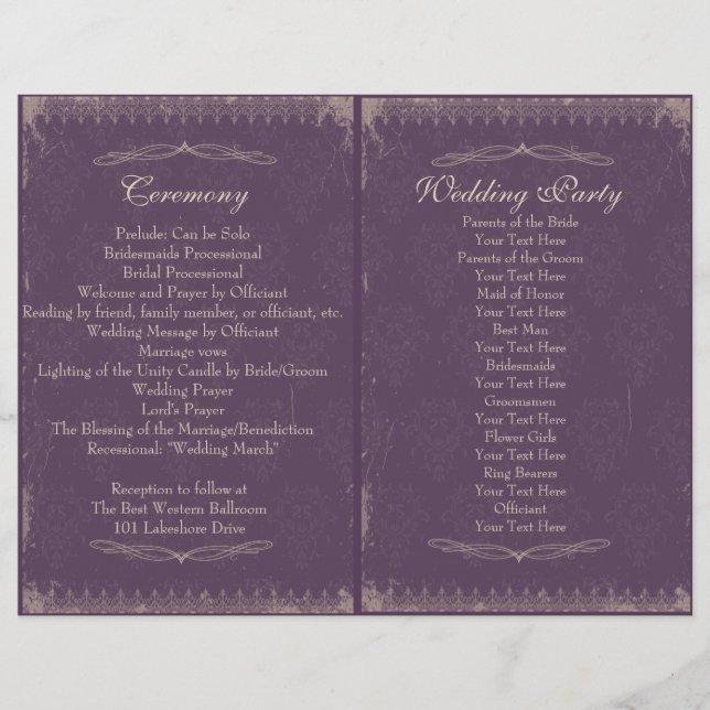 Eggplant Purple Vintage Wedding Ceremony Program (Front)