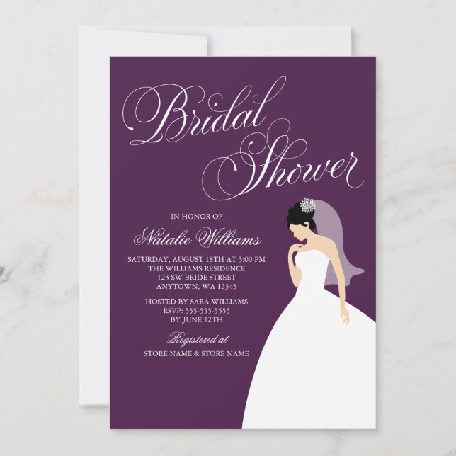 Eggplant Purple Wedding Gown Bridal Shower Invitation (Front)