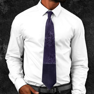 Eggplant Romance   Purple Satin Grunge Rose Damask Tie