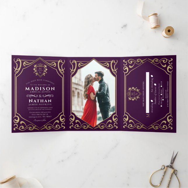 Eggplant Royal Mediaeval Fantasy Monogram Wedding Tri-Fold Invitation (Inside)
