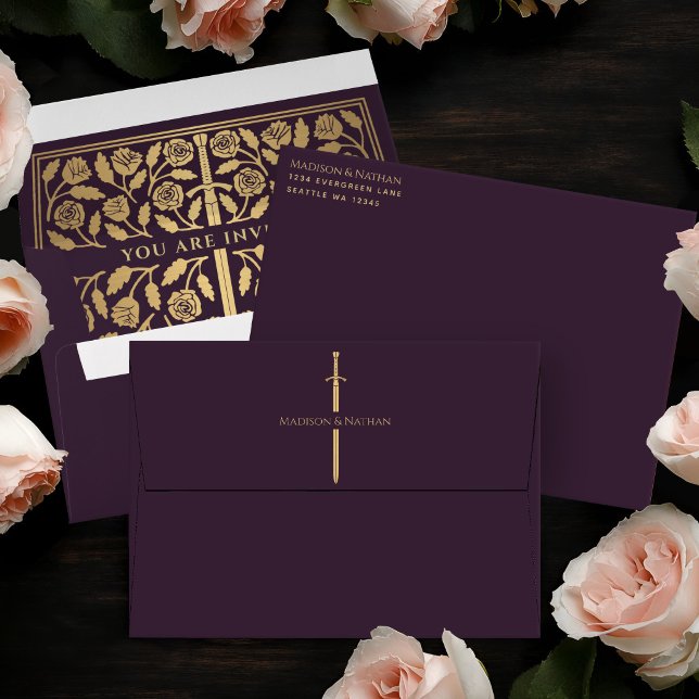 Eggplant Royal Mediaeval Gold Sword Wedding Envelope (Creator Uploaded)