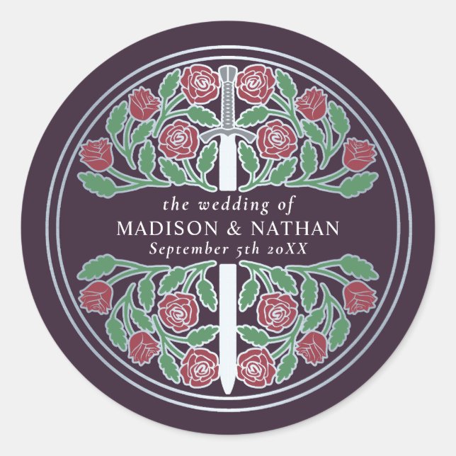 Eggplant Royal Mediaeval Silver Sword Wedding  Classic Round Sticker (Front)