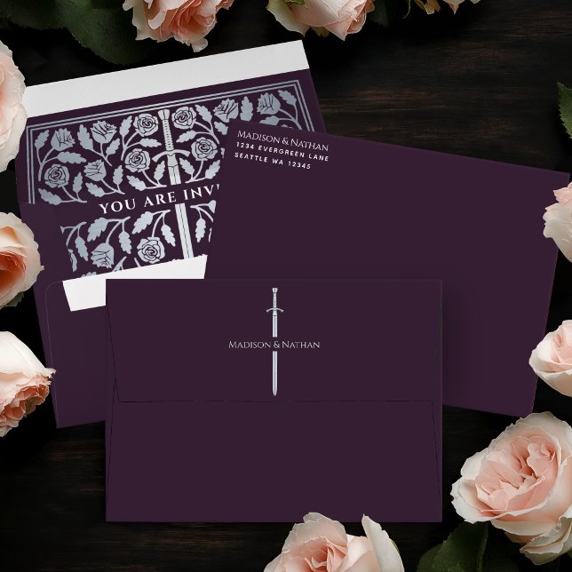 Eggplant Royal Mediaeval Silver Sword Wedding Envelope (Creator Uploaded)