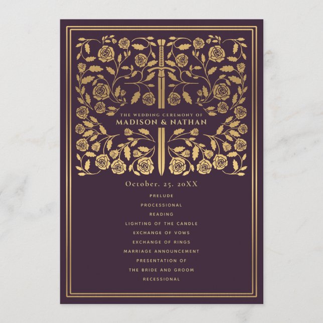 Eggplant Royal Mediaeval Sword Wedding Program (Front)