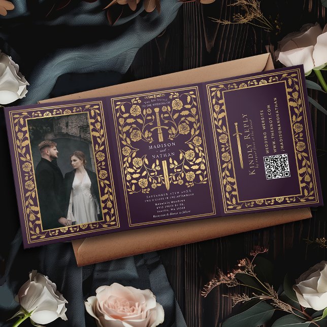 Eggplant Royal Mediaeval Sword Wedding QR Code Tri-Fold Invitation (Creator Uploaded)