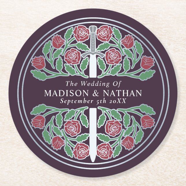 Eggplant Royal Medieval Silver Sword Wedding Round Paper Coaster (Front)