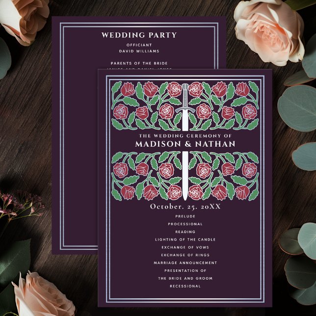 Eggplant Silver Floral Sword Royal Wedding Program (Creator Uploaded)