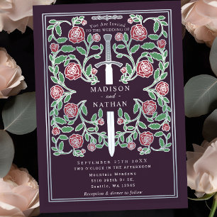 Eggplant Silver Sword Mediaeval Fantasy Wedding Invitation