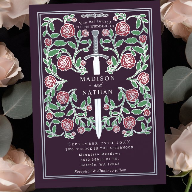 Eggplant Silver Sword Mediaeval Fantasy Wedding Invitation (Creator Uploaded)