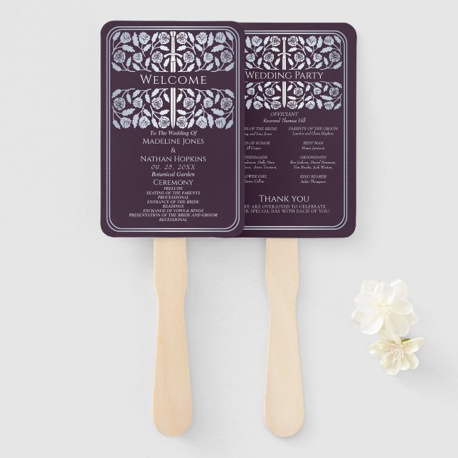 Eggplant Silver Sword Royal Wedding Program Hand Fan (Front and Back)