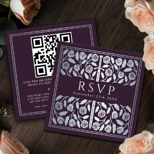 Eggplant Silver Sword Royal Wedding RSVP QR Code Enclosure Card