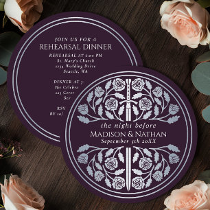 Eggplant Silver Sword Wedding Rehearsal Invitation