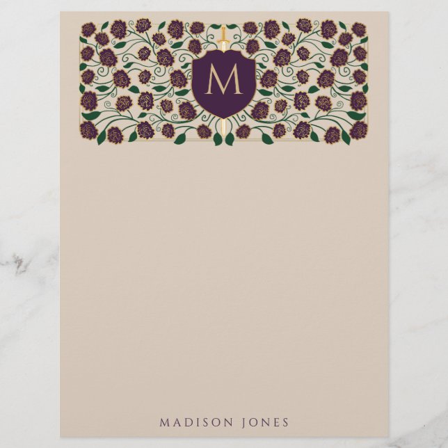 Eggplant Sword & Shield Mediaeval Fantasy Monogram Custom Letterhead (Front)