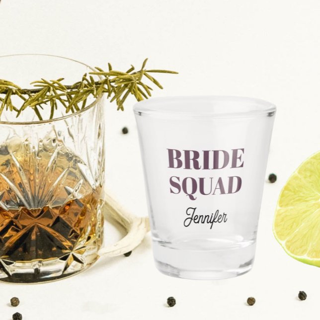 Eggplant Wedding Bride Squad Personalized Shot Glass (In Situ)