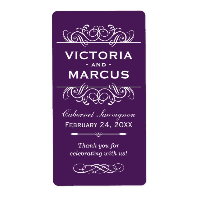Eggplant Wedding Wine Bottle Monogram Favour Label (Front)