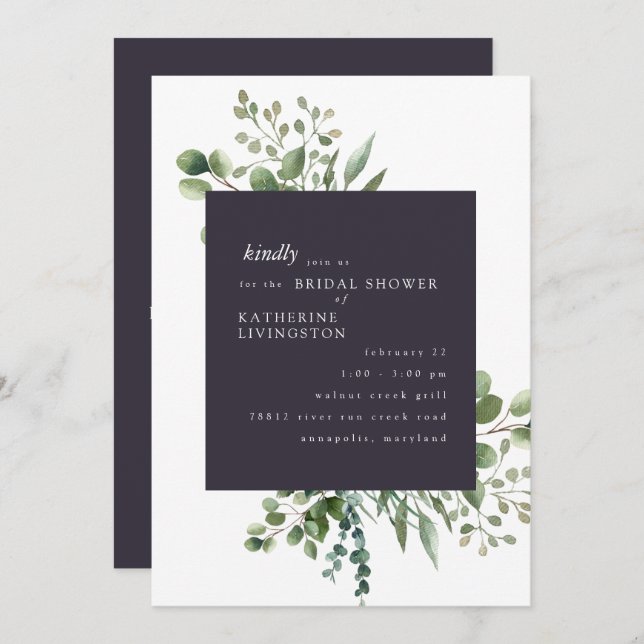 Eggplant & White Foliage Bridal Shower Invitation (Front/Back)