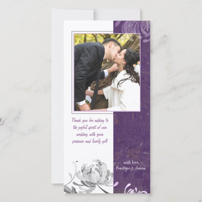 Eggplant, White Mum Floral Wedding Thank You Photo Card (Front)