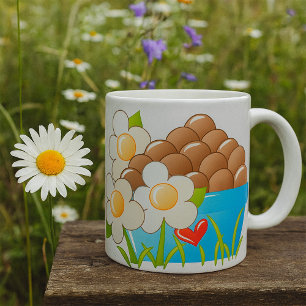 Eggs in Blue Bowl with Flowers and Heart Coffee Mug