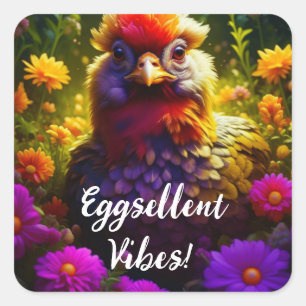 Eggsellent Vibes! Pretty Colourful Chicken Art Square Sticker