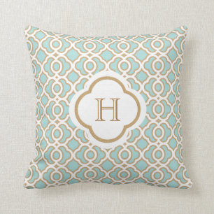Eggshell Blue and Gold Moroccan Monogram Cushion