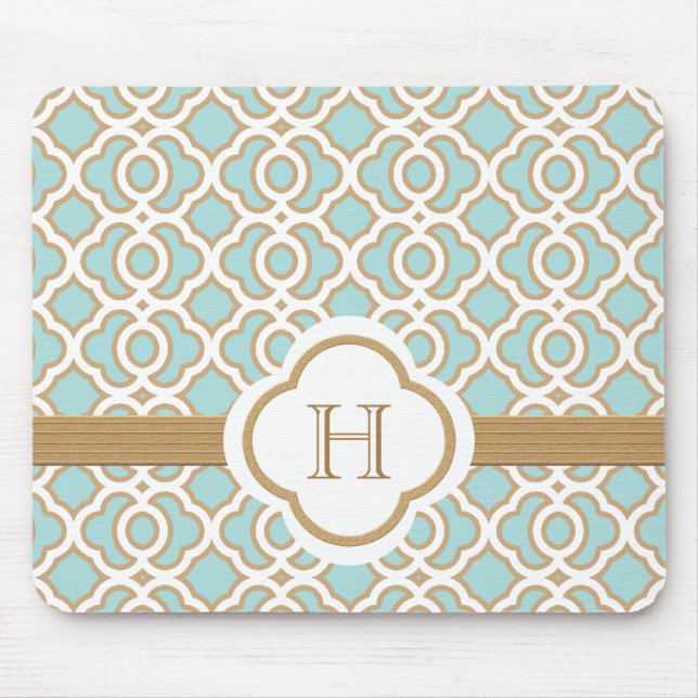 Eggshell Blue and Gold Moroccan Monogrammed Mouse Pad (Front)