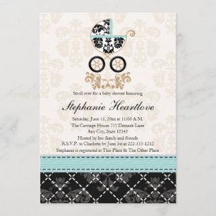 Eggshell Blue Damask Baby Carriage Baby Shower Invitation