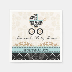 Eggshell Blue Damask Carriage Baby Shower Napkin