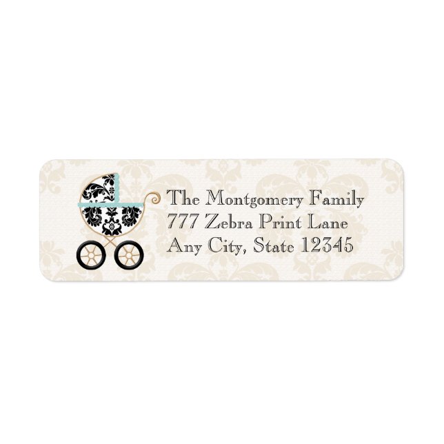 Eggshell Blue Damask Print Baby Carriage Return Address Label (Front)