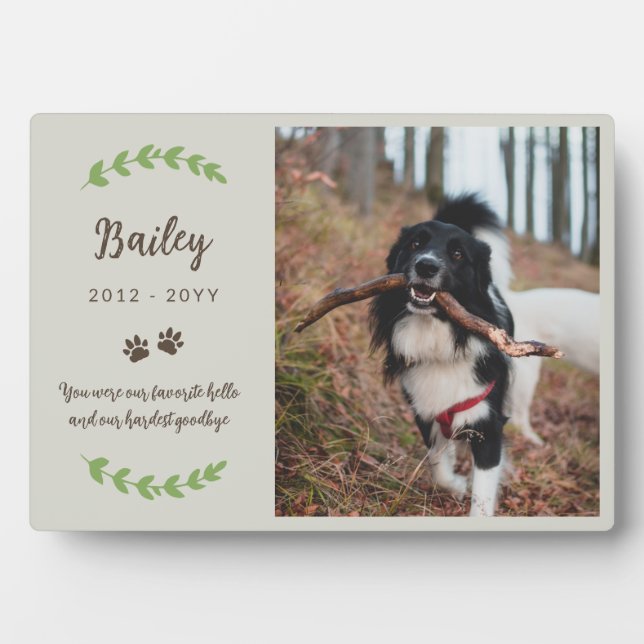 Eggshell Brown Paws & Greenery Photo Pet Memorial Plaque (Front)