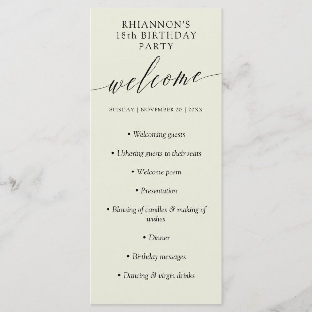 Eggshell Delicate Calligraphy Birthday Party Program (Front)
