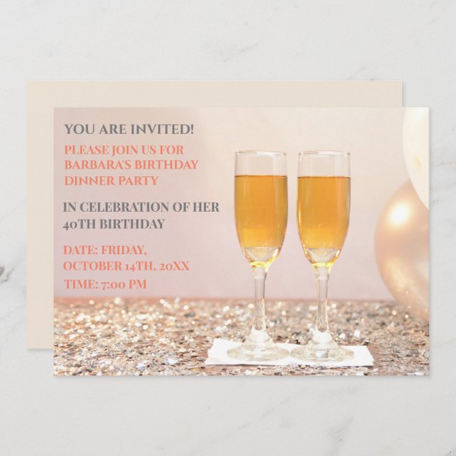 Eggshell gold 40th birthday champagne  invitation (Front/Back)
