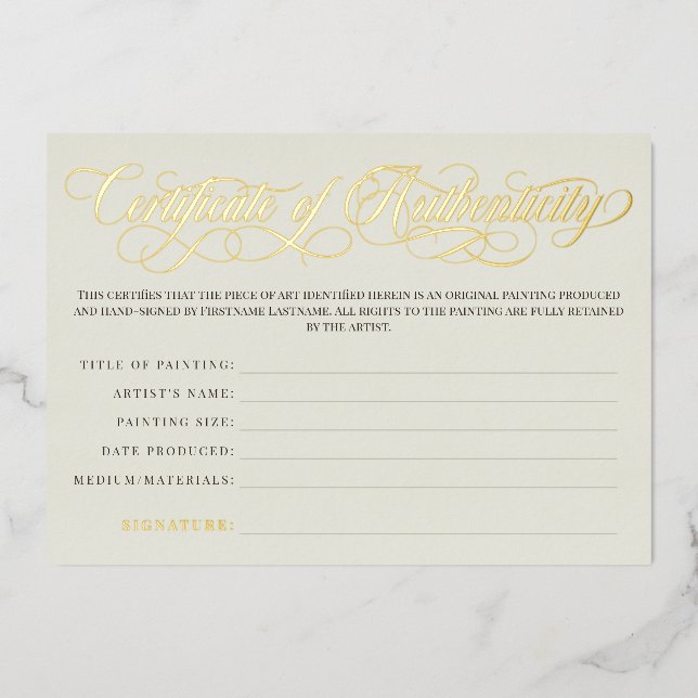 Eggshell Gold Swirls Certificate of Authenticity (Front)