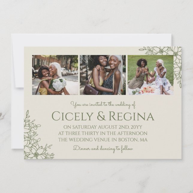 Eggshell & Olive Floral Photo Collage Wedding Invitation (Front)