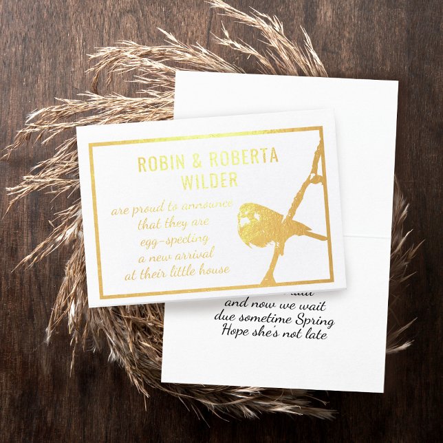 Eggspecting Pregnancy Announcement Foil Card (Waiting for your little bird to arrive? Here's a real gold foil announcement card you can send)