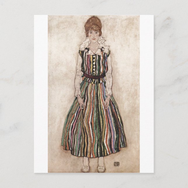 Egon Schiele - Edith Schiele in Striped Dress 1915 Postcard (Front)