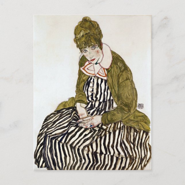 Egon Schiele Edith with Striped Dress, Sitting Postcard (Front)
