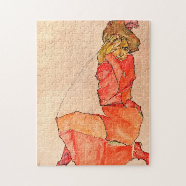 Egon Schiele - Kneeling Female In Orange Red Dress Jigsaw Puzzle (Vertical)