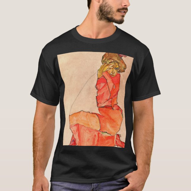 Egon Schiele - Kneeling Female In Orange Red Dress T-Shirt (Front)