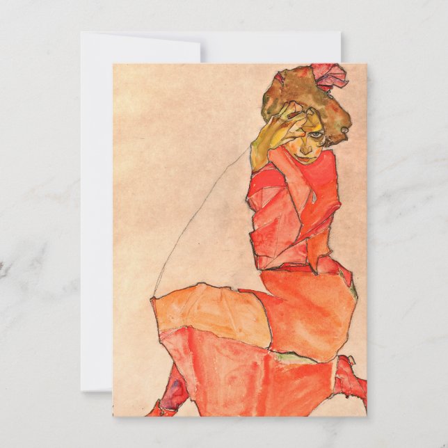 Egon Schiele - Kneeling Female In Orange Red Dress Thank You Card (Front)