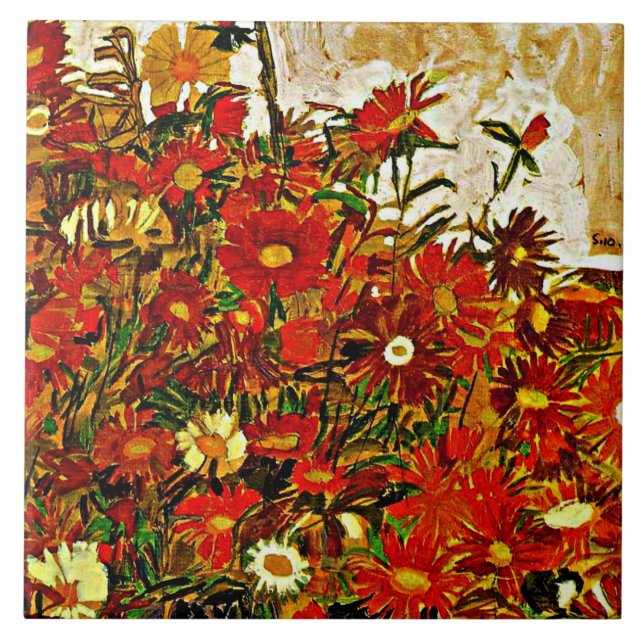 Egon Schiele painting, Field of Flowers Ceramic Tile (Front)