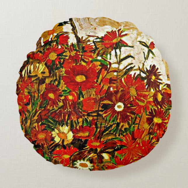 Egon Schiele painting, Field of Flowers Round Cushion (Front)