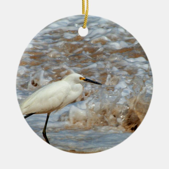Egret and Wave Splash Ceramic Tree Decoration (Front)