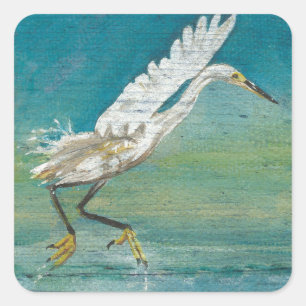 Egret Coastal Bird Ocean Lake Painting Square Sticker