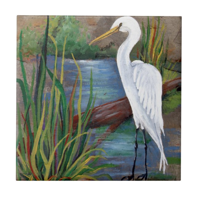 Egret in Bayou Ceramic Tile (Front)