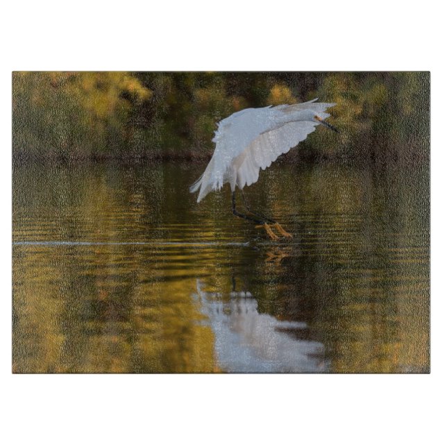Egret in flight over Golden Pond Cutting Board (Front)