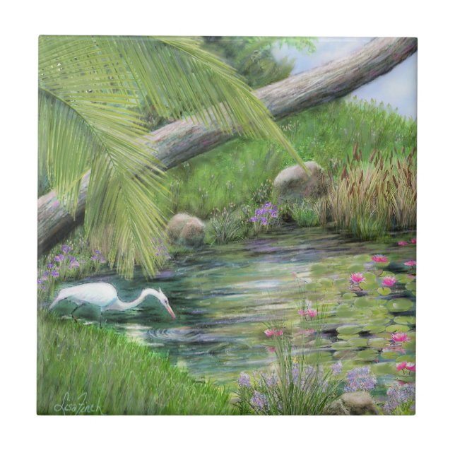 Egret on Pond  Ceramic Tile (Front)